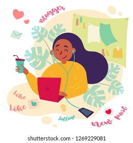 Girl female freelance blogger smm manager working at home or office. Working day of young woman, working as social media expert and writer. Black woman with laptop and coffee. Vector flat illustration