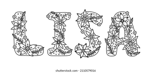 Girl female name Lisa. Letters decorated with botanical element. Coloring book.