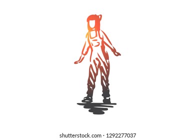 Girl, female, pose, woman, adult concept. Hand drawn woman dressed in overalls posing concept sketch. Isolated vector illustration.