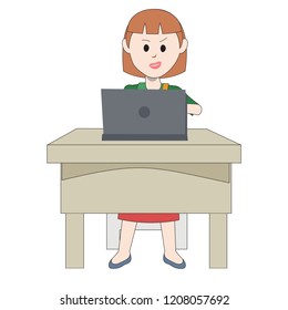 Girl female Teen Happy Student at home classroom thinking reading online contents getting ready to study education class using laptop digital device