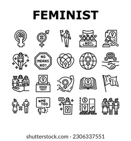 feminismo femenino mujeres iconos de poder conjunto vector. movimiento feminista, igualdad de protestas, libertad de género, lucha de mujeres, derechos de primera mano feminismo femenino poder mujeres ilustraciones de contorno negro