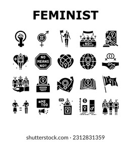 girl feminism female woman power icons set vector. feminist movement, protest equality, gender freedom, women fight, rights fist hand girl feminism female woman power glyph pictogram Illustrations