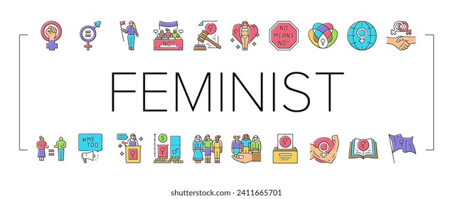 girl feminism female woman power icons set vector. feminist movement, protest equality, gender freedom, women fight, rights fist hand girl feminism female woman power color line illustrations