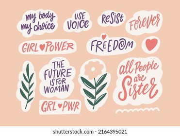 Girl feminism phrases set. Hand drawn colorful lettering text. Vector icons.