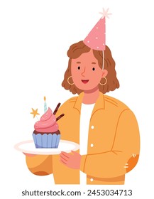 A girl in a festive cap holds a cupcake with a candle.Birthday. Festive mood. Pastel colors. Hand draw.