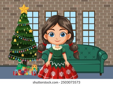 Girl in festive dress by Christmas tree