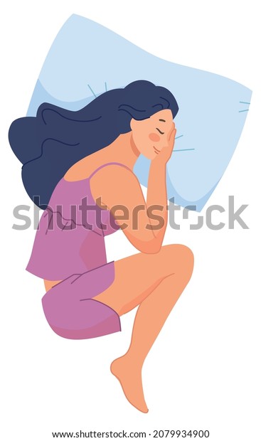Girl in fetal\
position. Sleepy woman figure in bedroom, vector illustration\
isolated on white\
background