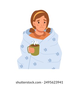 Girl with fever in blanket drinking hot drink, seasonal flu and illness diseases treatment, cold flu symptoms. Vector sick child with cup of streaming medical beverage, medicine from virus influenza