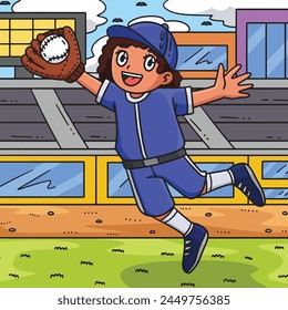 Girl Fielder Catching Baseball Colored Cartoon 