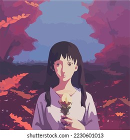 Girl in Fields. Portrait of a witch of the fields Illustration Vector Cartoon Drawing