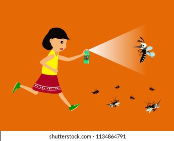 Girl Fight Mosquito By Spray. Protection Dengue Fever Concept. Vector Illustration.