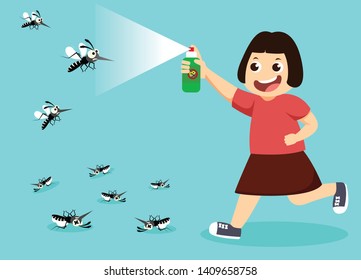 Girl Fight Mosquito By Spray. Protection Dengue Fever Concept. Vector Illustration. 