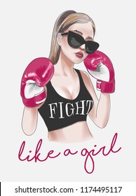 Girl Fight Slogan With Boxer Girl Illustration