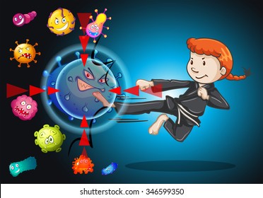 Girl fighting with bacteria illustration