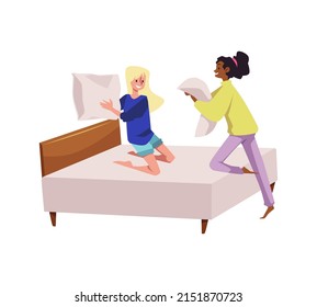 Girl fighting with pillows on the bed, flat vector illustration isolated on white background. Teenagers having fun at pajama party.