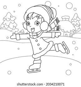 Girl figure ice skating  outdoor  cartoon vector illustration isolated on white background.Black and white.outline.coloring book pages