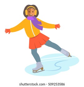 Girl figure ice skating vector flat illustration. Kids winter activities. Child in casual warm clothes playing winter sport on Christmas holidays. Moving cartoon character. Isolated on white