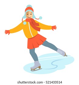 Girl figure ice skating vector flat illustration. Kids winter activities. Child in casual warm clothes playing sport on Christmas holidays. Moving cartoon character. Isolated on white