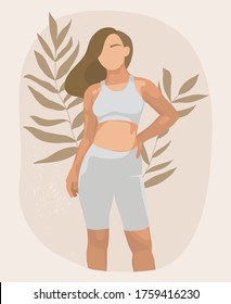 Girl figure on abstract background with leaves. Beautiful overweight woman in a sports uniform. Workout, weight loss, fitness at home. Minimalist modern portrait. Vector illustration, fashion.
