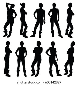 girl figure silhouette in various poses art illustration in black color