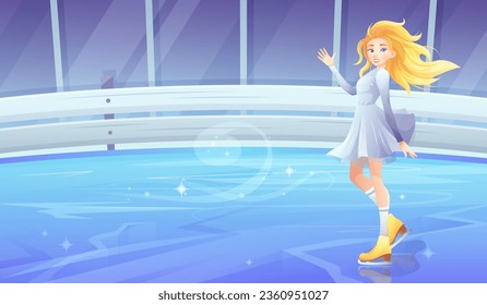 Girl figure skater on skates greets with hand on ice skating rink. Vector background for sports winter games, events, sports complexes, figure skating in cartoon style