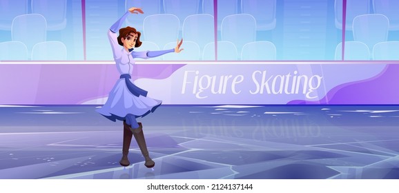 Girl-Rollschuhlaufen auf der Eisbahn, junge Frauen-Skater im Kleidertanz, Showprogramm auf der Indoor-Sportarena mit Tribunen. Individuelles akrobatisches Tanzen, Wintersport Cartoon Vektorgrafik