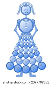 The girl figurine made of blue buttons has both hair and a dress made of buttons