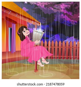 a girl is filling the bucket with rain water.