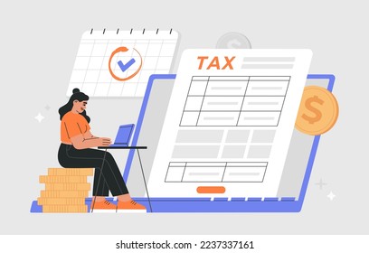 Girl filling tax form using internet, calendar show pay deadline reminder. Online tax submitting system. Hand drawn vector illustration isolated on background, modern flat cartoon style.