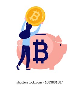 The girl fills her piggy bank with bitcoin coins. Cryptocurrency accumulation scheme. Vector illustration of digital currency in a flat style. Alternative investments