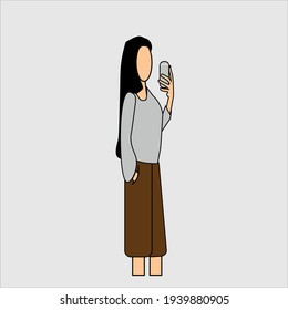 The girl films herself on the phone. Vector illustration.