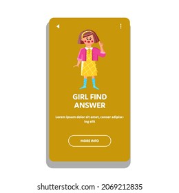 Mädchen finden Antwort auf schwierige Frage Vektor. Happy Girl finden Antwort für die Lösung von Problem und emotionale Gesten. Ausdrucksstarke Zeichentrickdarstellung Lady Child Finving Solution Web Flat Cartoon Illustration