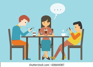 Girl find herself alone with no one talk to her, other people who sitting, keep using smartphone. Vector illustration concept of smartphone addiction. 