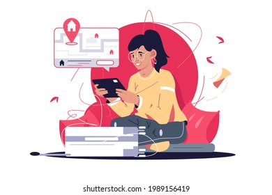 Girl Finding House Remotely On Tablet Vector Illustration. Woman Looking For Apartment On Internet Flat Style. Search Property Online, Real Estate Searching Concept. Isolated On White Background