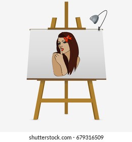 Girl with finger to her lips on easel. Hand drawn vector stock illustration.