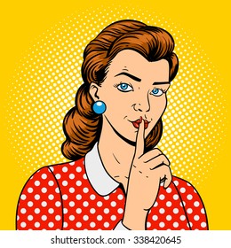 Girl with finger silence gesture pop art retro style vector illustration. Comic book imitation