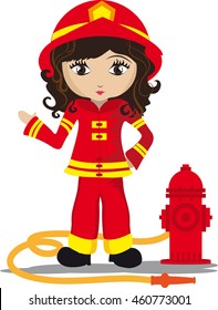 Girl firefighter with fire hydrant and hose