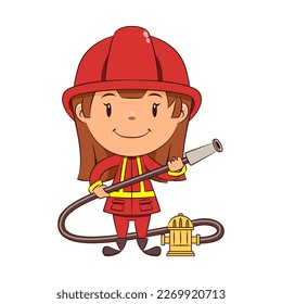 Girl firefighter holding hose, fireguard