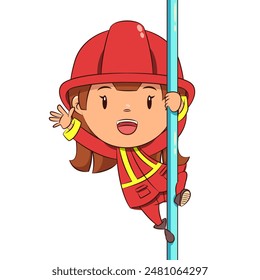 Girl firefighter sliding pole, vector illustration