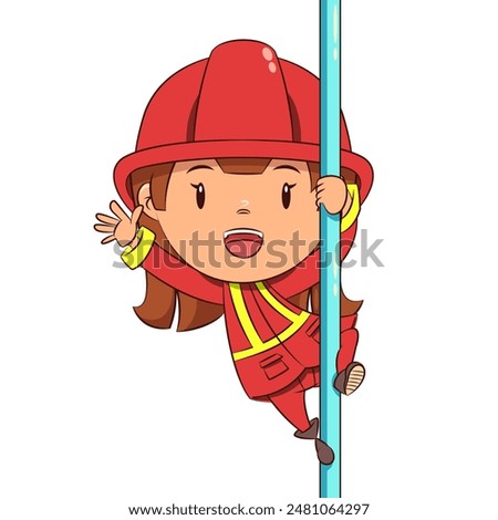 Girl firefighter sliding pole, vector illustration