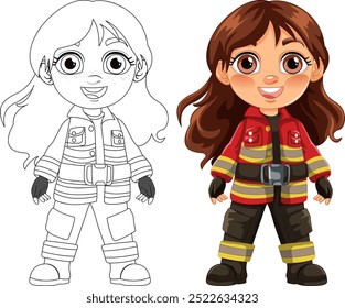 A girl in firefighter uniform, colored and outlined