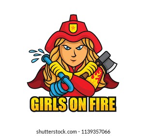 girl of firefighter vector cartoon character logo