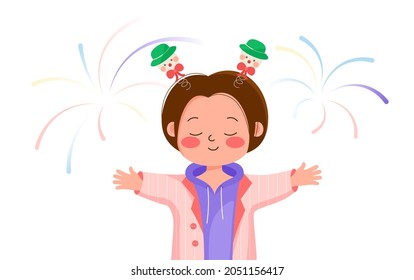 Girl With Fireworks. Cute female young person character surrounded by fireworks, colorful sparks. Vector holidays celebration isolated on white background.