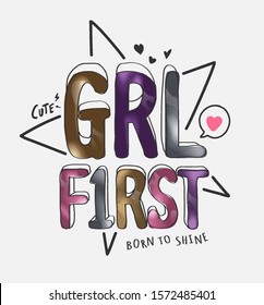 girl first colorful foil print slogan on star outline background