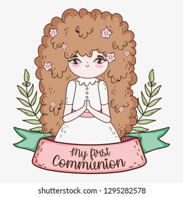 girl first communion with branches leaves and ribbon