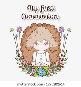 girl first communion with flowers plants