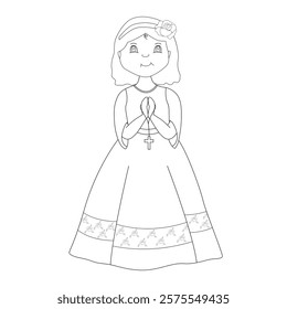 The girl of the first communion with the pink dress and with the cross in her hands.Outline illustration.