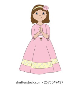 The girl of the first communion with the pink dress and with the cross in her hands.