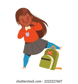 Girl First Grader with Backpack Cheering and Having Fun Vector Illustration
