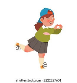 Girl First Grader in Baseball Cap Showing Heart Hand Gesture Vector Illustration
